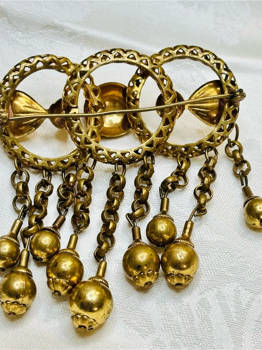 Antique Victorian-Revival 30’s Ornate C-clasp Brass Floral Filigree Brooch